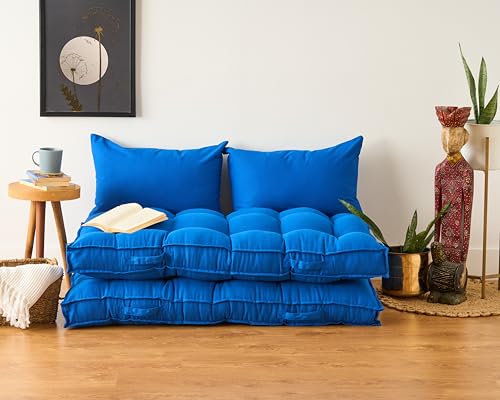 Image of Skanda Fab Low Seating Cushion -100% Cotton Twill, Hand-Plotted Microfiber Filling, Floor Cushion with 2 Back Support Cushions - Ideal for Living Room, Balcony, Lounge- 80x120 Classic Blue (Pack of 2)