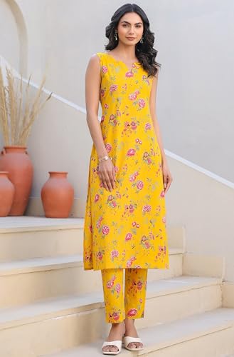 Image of Janasya Women's Yellow Pure Cotton Floral Printed Straight Kurta Pant Set