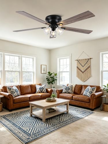 Image of 60 Inch Flush Mount Farmhouse Ceiling Fans with Lights and Remote