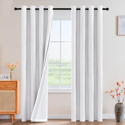 Image of Princedeco Blackout Curtains Linen Blended 108 Inch Long Room Darkening Black Out Curtains for Living Room with Natural Slubs & Grayish (Not Solid)Thermal Insulated Grommet 2 Panels - Heathered White