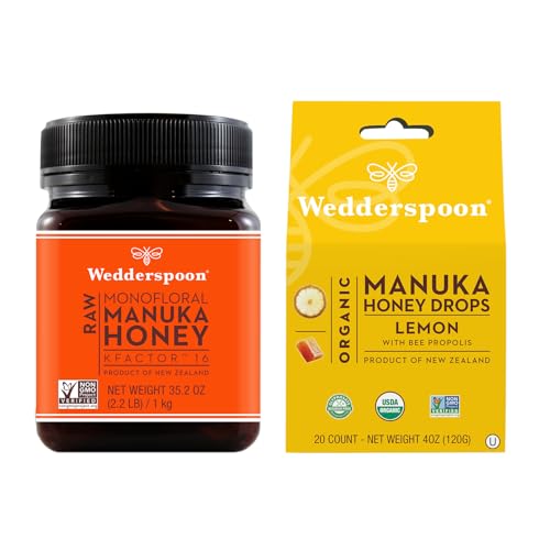 Bundle - Wedderspoon Raw Premium Manuka Honey KFactor 16 (35.2 Oz) and Manuka Honey Drops Lemon & Bee Propolis (4 Oz)