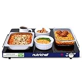 NutriChef Kochplatte elektrisch – Warmhalteplatte 54×42 cm mit Temperaturregelung 60–110 °C, 180 W Warmhaltebehälter für Buffet, Grillgut & Party - Sicher, Energiesparend & Flach - Blau