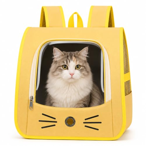 Image of PetVogue Foldable Cat Carrier Backpack, Breathable Portable Pet Travel Bag with Transparent Window, Mesh Ventilation, Soft Comfortable Backpack for Cats & Small Dogs, Yellow