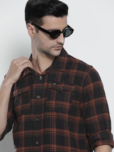 Image of The Indian Garage Co Men Regular Fit Checkered Full Sleeves Spread Collar Double Flap Pocket Casual Over Shirt