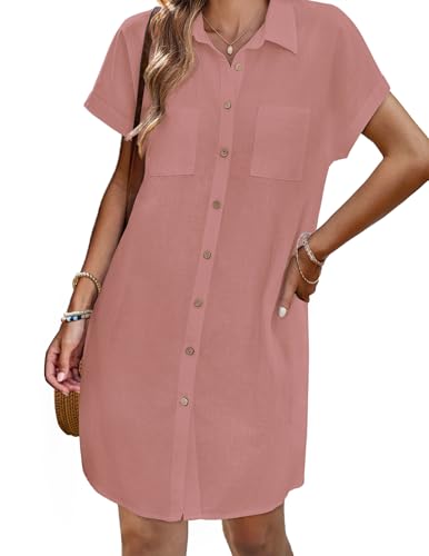 Image of Zeagoo Summer Dresses for Women 2026 Cotton Button Down Short Sleeve Tshirt Dresses Casual Mini Beach Dress