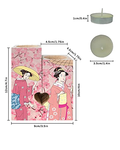 Floral Wooden Candle Holder- Candlestick Holders With 2 Tealights, Double-Sided Print, Unique Friend Gifts Mom Gifts Sister Gift Friend Gifts For Women, Japanese Girl Cherry Blossom Oriental Stylized #TOP2