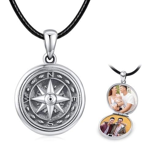 TANGPOET Personalized Compass Locket Necklace for Men Women 925 Oxidized Silver Lockets Necklace that Holds Two Pictures Memorial Photo Jewelry Birthday Christmas Fathers Day Graduation Gifts