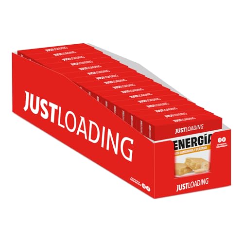 JustLoading Barritas Energéticas Almendra & Plátano – Proteína Vegetal, Alto en Potasio, Sin Gluten y Sin Azúcar Añadido – Snack Saludable Vegano – Pack 42 unidades (14 Estuches x 3 barritas de 25g)