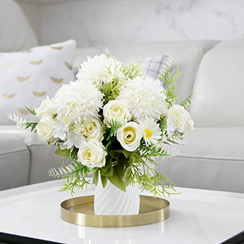 TSLBW 3 Bundles Artificial Flowers Mixed Rose Hydrangea Flower Bouquet Plants Decoration Fake Peony Silk Decor for Home Wedding Office Table Gift, White