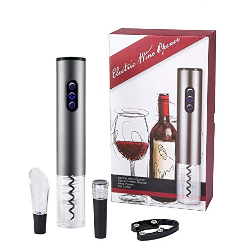 Bi-Komfort Electric Wine Opener Gift Set with Deluxe Package Includes Wine Accessories of Foil Cutter, Wine Pourer and Vacuum Wine Stopper Silver