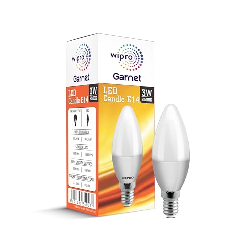 Image of wipro Garnet 3 W E14 Base Frosted Candle LED Bulb | Cool Day White (6500K) | Pack of 1 | Clear optics for sparkling effect | LED Filament Bulb for Home, office, chandellior, decorative lamp shade