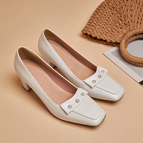 Women's Square Toe Pearls Slip On Loafers Pumps Chunky Block Mid Heels Work Office Pump Dress Shoes4