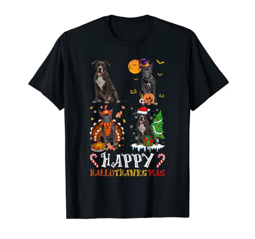 Pitbull Dog Halloween Thanksgiving Xmas Happy Hallothanksmas T-Shirt