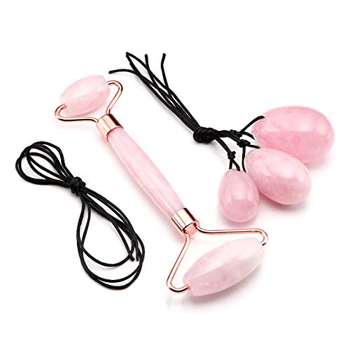 JOVIVI Natural Rose Quartz Jade Face Roller Massager - Gua Sha Massage Scraping ToolTool for Face, Neck, Body - Anti Aging Treatment – Reduces Wrinkles and Fine Lines