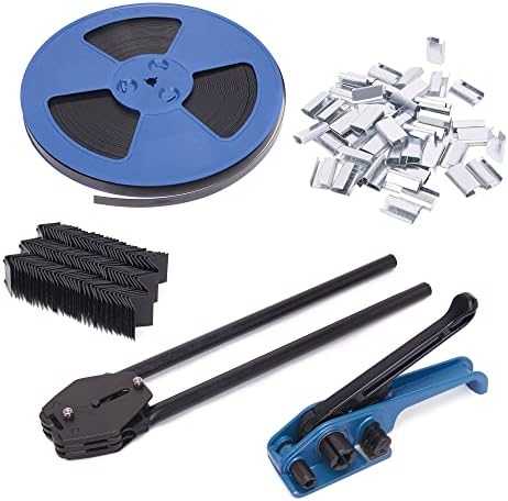 Pallet Packaging Strapping Banding Kit - Tensioner & Sealer Machine Set, Heavy Duty PET Belt, Open Serrated Seals, Corner Protector