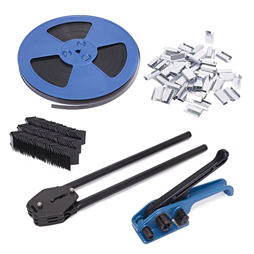 Pallet Packaging Strapping Banding Kit - Tensioner & Sealer Machine Set, Heavy Duty Pet Belt, Open Serrated Seals, Corner Protector #TOP20