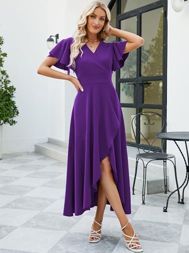 Image of Long Black Formal Dresses for Women Gowns Evening Party Cocktail Dress,Split Elegant V Neck Wrap Ruffle Wedding Guest Dresses