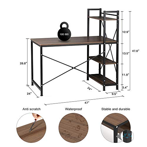 Dripex Tower Computer Desk with 4 Tier Shelves - 47.6'' Multi Level Writing Study Table with Bookshelves Modern Steel Frame Wood Desk Compact Home Office Workstation (Walnut)