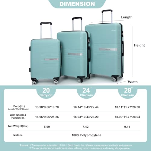 3-Piece Set (20“/24”/28“) Lightweight Durable Hardshell Suitcases Sets, Ideal for the Whole Family, With TSA Lock, Double Spinner Wheels, Perfect for Family Vacations and Trips (Light Green)2