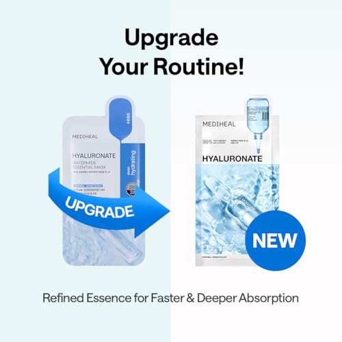 Image of Mediheal Essential Face Mask [Hyaluronic Acid] Ultra Hydration 10 pcs. with 98% Purity Hyaluronic Acid for long-lasting, deep hydration, Moisture Barrier - Travel Size, Vegan Formula Korean Sheet Mask