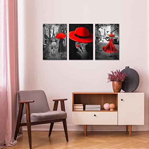 Ilooklike 3 Pieces Black And Red London Street Canvas Wall Art Paris Eiffel Tower Pictures Wall Decor Fashion Woman Painting Poster For Bedroom Living Room 16X24Inchx3Pcs #TOP3
