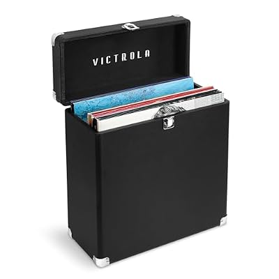Victrola Collector – Record Storage Case – Holds 30+ Vinyl Turntable Records, Heavy-Duty Hardware, Hinges, & Smart Metal Corners, Portable with Easy-Carry Handle (Black)