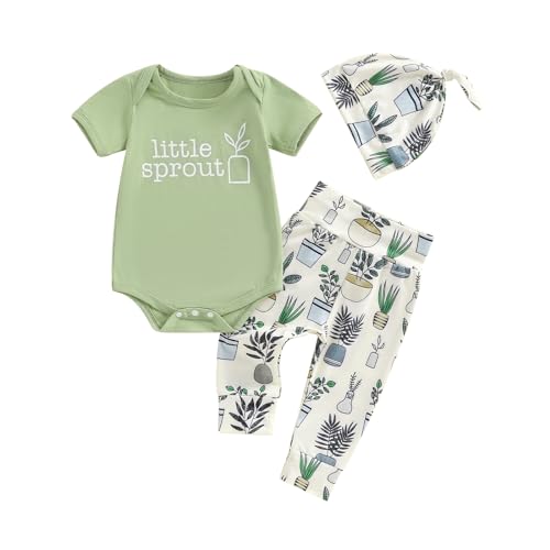 Image of Chloefairy Newborn Baby Boy Girl Summer Clothes Little Sprout Romper Bodysuit Plants Pants Set 3Pcs Coming Home Outfit