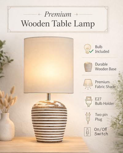 Image of Homesake Wooden Table Lamp for Bedroom | Bedside Lamp with Fabric Shade | E27 Holder with Bulb Included | Warm Light Night, Lamp for Living Room, Study Table & Home Decor (KD Off-White Drum)