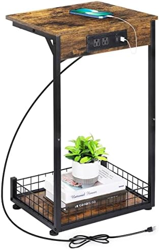 ABQ End Table with Charging Station & USB Ports, C Shaped TV Tray Table with Storage Shelf, Narrow Side Table for Laptop, Sofa, Living Room, Bedroom
