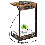 ABQ End Table with Charging Station & USB Ports, C Shaped TV Tray Table with Storage Shelf, Narrow S