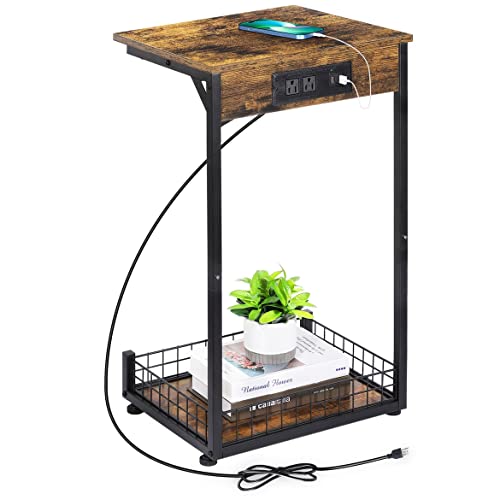 Abq End Table With Charging Station & Usb Ports, C Shaped Tv Tray Table With Storage Shelf, Narrow Side Table For Laptop, Sofa, Living Room, Bedroom #TOP21