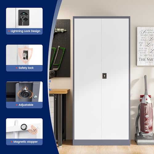 Image of Yizosh Metal Garage Storage Cabinet with Lock, 72 inch Locking Tool Cabinet with 2 Doors and 4 Shelves for Garage,Office,School (Gray White)