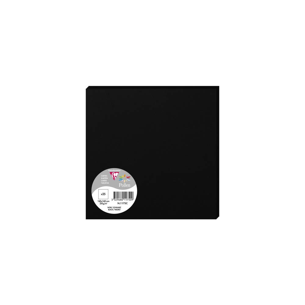 Clairefontaine 1175C Pack of 25 Plain Cards Square Format 16x16cm - 210gsm - Black - Invitation and Correspondence Cards - Pollen Range - Smooth Premium Paper
