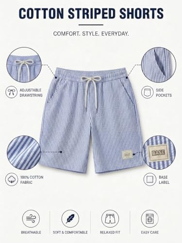 Image of Men's Cotton Casual Shorts |Striped Half Pants for Men |Comfortable | Elastic Waist with Drawstring | Lightweight & Comfortable for Beach Vacations, Casual Daily Outings & Sleepwear Bermuda Shorts