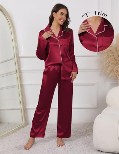 Image of Ekouaer Pajamas For Women Set Silk Pjs 2 Piece Satin Sleepwear Long Sleeve Button Down Lounge Sets With Pant