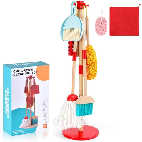 WHOHOLL Wooden Kids Cleaning Toy Set Toddler Broom and Dustpan Set for Housekeeping 9 Pcs Broom and Mop Set for Toddlers 3-6 Cleaning Toys with Sponge Christmas Birthday Gifts for Boys Girls
