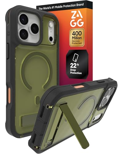 Image of ZAGG Rainier Case with Kickstand for iPhone 17 Pro Max - Green Sea Kelp, Graphene 22ft (7m) Drop Protection, Lanyard Attach Points, MagSafe, Wireless Charging Compatible, 2-Piece Design, Phone Case