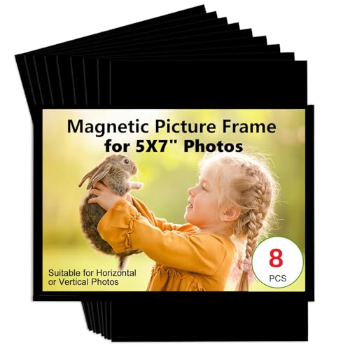 CHUNNIAO Black Magnetic Picture Frame 5X7 for Refrigerator-8 Pack Black Photo Magnets Sleeves with Film Cover Less Reflection