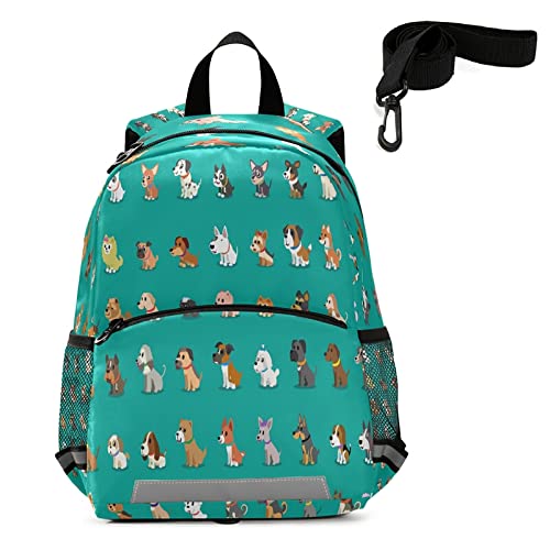 QUGRL Cute Dogs Toddler Backpack Puppy Kids Backpack for Baby Boys Teal Kindergarten Schoolbag Preschool Nursery Travel Bag with Safety Leash Harness for Girls 3-8 Years