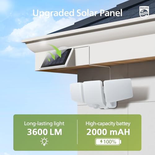 Philips 3600LM Solar Security Lights, 5000K Waterproof Dimmable LED Motion Sensor Outdoor Lights, 3 Adjustable Heads w/16ft Cable, Separate Solar Panel with 3 Modes Solar Flood Lights for Yard, Garage thumbnail 7