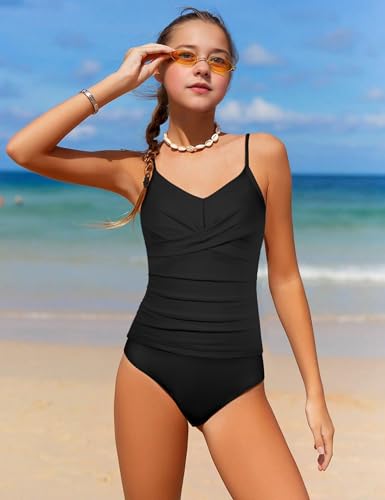 Image of Girls Swimsuit 2 Piece Bathing Suit Criss Cross Ruched Girl Tankini Sets Printed Girls' Swimwear for 9-18 Years