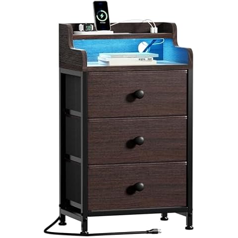 REAHOME Nightstand with Charging Station, Tall Brown Night Stand with 3 Drawers and 2-Tier Shelf, Bedside Table with Sturdy Steel Frame Wood Top for Bedroom, Living Room, Hallway- Brown Cover
