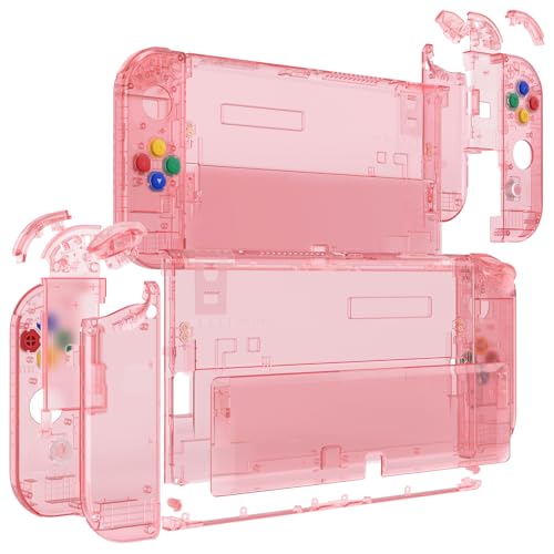 Image of eXtremeRate DIY Full Set Shell Buttons for Nintendo Switch OLED, Crystal Cherry Pink Replacement Back Plate & Kickstand Custom Case Housing for Nintendo Switch OLED JoyCon - No Controller