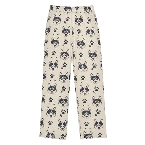 Retro Cartoon Husky Pajama Pants Lounge Sleep Pants Elastic Waist Long Pajama Bottoms with Pockets for 6-14 Years