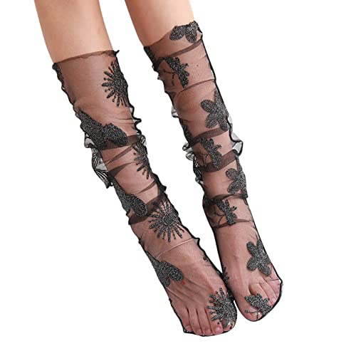 Calcetines de primavera y verano para adultos, transpirables, tendencia de moda, calcetines rotos de racimo de flores, color de piel simple, calcetines estampados para mujer, calcetines largos, Negro