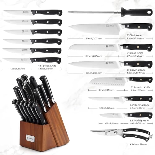 Image of KEEMAKE Knife Block Set, 15Pcs High Carbon Stainless Steel Kitchen Knife Set with Block, Ultra Sharp Knives Set for Kitchen with Knife Sharpener Kitchen Scissors, Forged Chef Knife Set