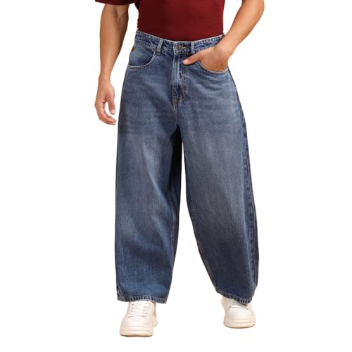 Image of WROGN Men's 100% Cotton Jeans | Solid | Baggy Fit