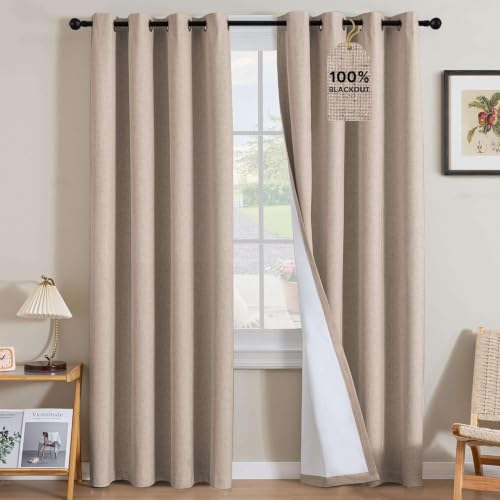 Image of H.VERSAILTEX Linen Curtains 100% Blackout Curtains for Bedroom 102 inch Long Full Light Blocking Nature Linen Blended Window Curtains for Living Room Nickel Grommet (2 Panels, Heathered Sand)