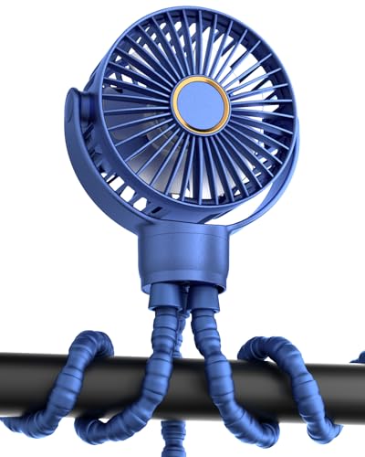 Image of buywoo Portable Stroller Mini Fan, Small Rechargeable Personal Cooler w/ 360° Rotation, 3-Speed, Battery Powered Stroller Accessories, Baby Essentials for Car Seat, Crib, Bike, Treadmill, Denim