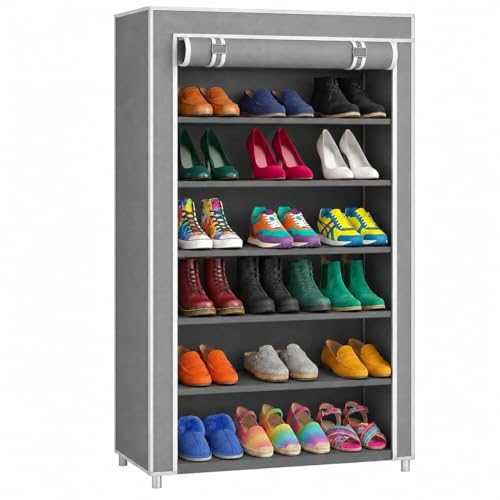 Image of Easy Buy 6 Layer Foldable Shoe Rack Organizer Grey Shoe Plastic Rack 6 Shelves Zip Door With Cover & Side Pocket |Dustproof Storage Organizer for Footwear Multi-Pair Shoe Stand with Side Pocket (Grey)